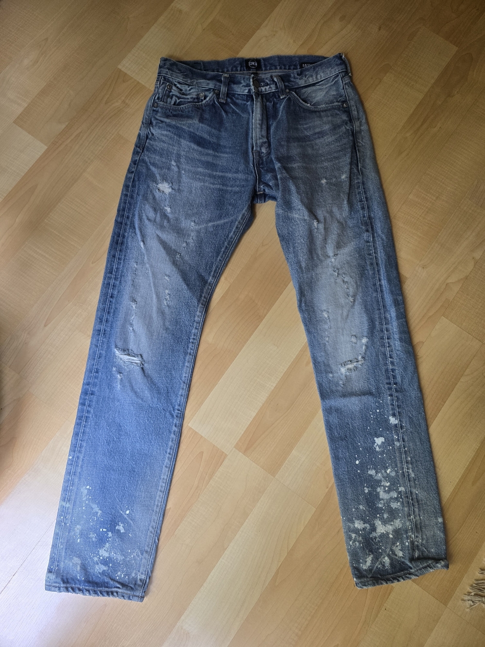 Edwin Raymon Selvedge Men's Blue Distressed Jeans with Paint Splatter Size 32